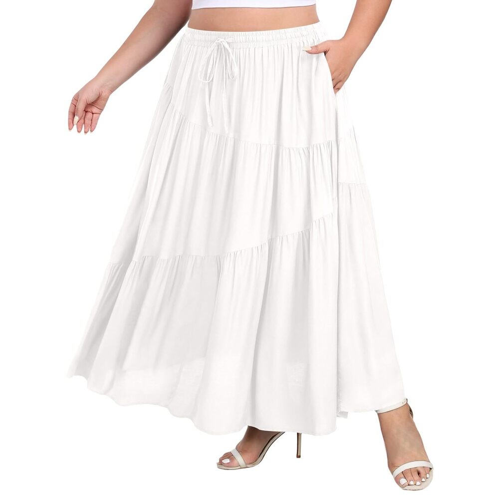 5286 Plus Size Tiered Maxi Skirt Elastic High Waist A Line Flowy Long Maxi
